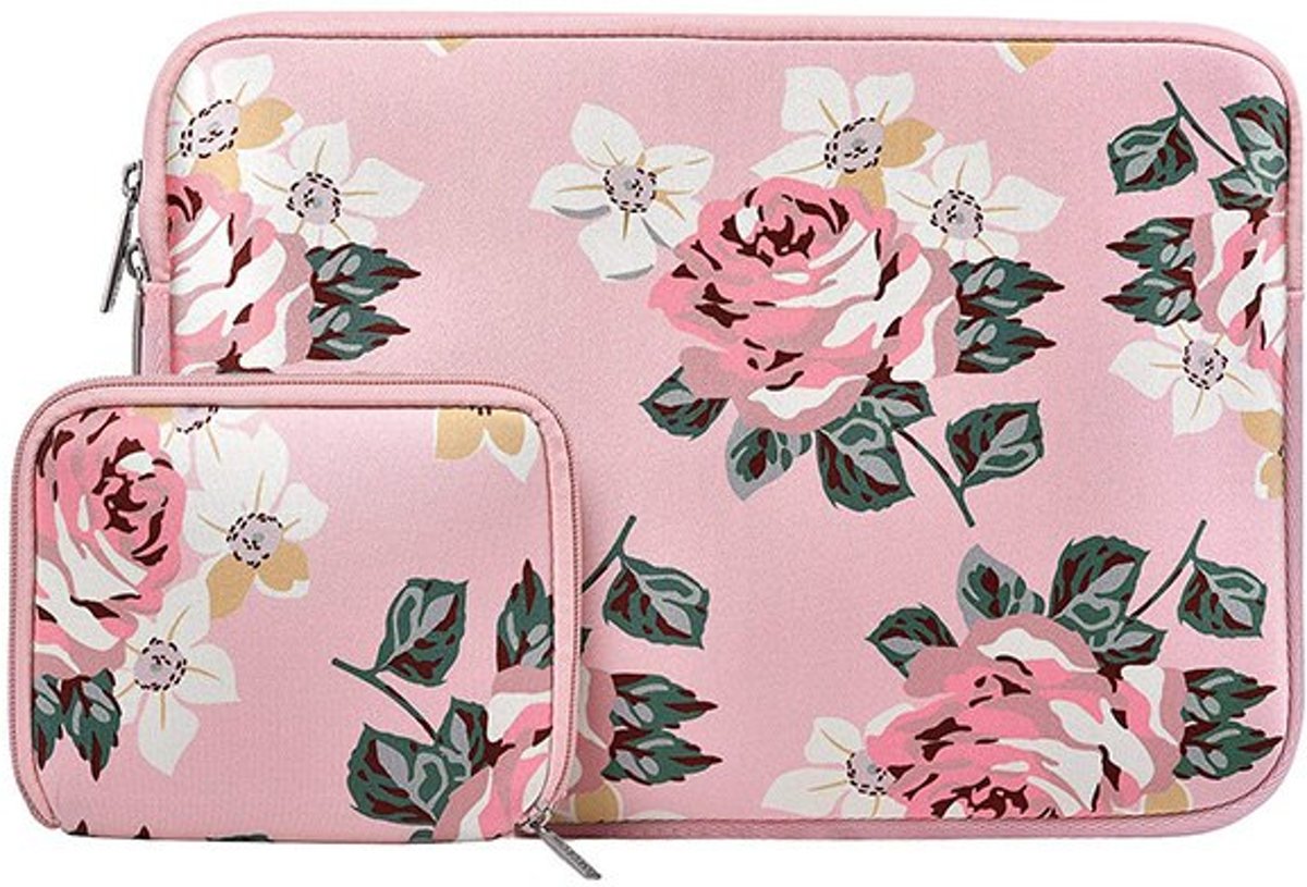 Luxe Laptophoes Bloemen Print met extra Tasje | 13 inch | Roze | Ritssluiting | Soft Sleeve | Laptop Accessoires